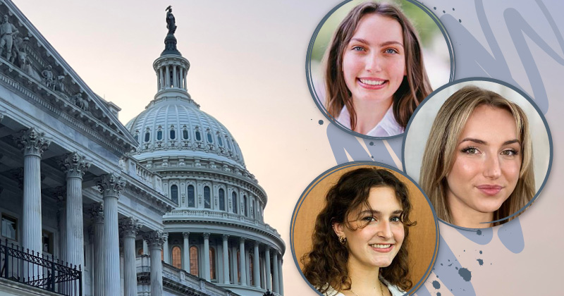 A picture of capitol hill and headshots of Kendall Ludwig, Hannah Laurits and Miranda Rack